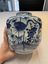 A fine Chinese blue and white jar with two cranes in a garden, Wanli
