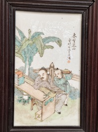 A rare Chinese eight-panel hongmu room divider with 48 qianjiang cai plaques, signed Jia Xingqing 贾醒卿, dated 1902