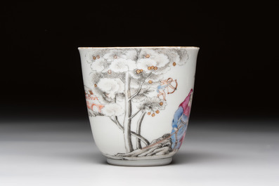 A Chinese famille rose 'erotic subject' cup and saucer, Yongzheng/Qianlong