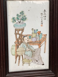 A rare Chinese eight-panel hongmu room divider with 48 qianjiang cai plaques, signed Jia Xingqing 贾醒卿, dated 1902
