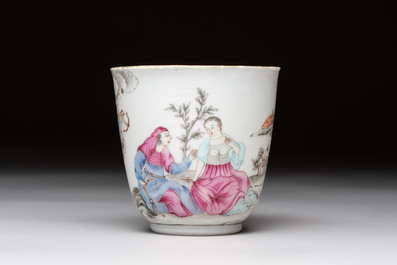 A Chinese famille rose 'erotic subject' cup and saucer, Yongzheng/Qianlong