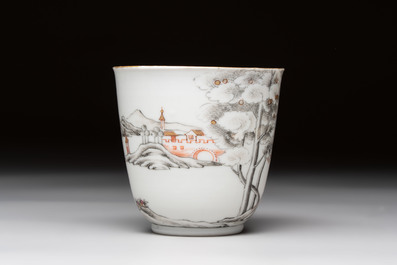 A Chinese famille rose 'erotic subject' cup and saucer, Yongzheng/Qianlong