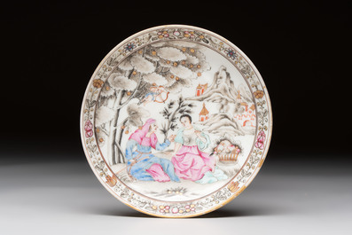 A Chinese famille rose 'erotic subject' cup and saucer, Yongzheng/Qianlong