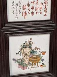 A rare Chinese eight-panel hongmu room divider with 48 qianjiang cai plaques, signed Jia Xingqing 贾醒卿, dated 1902