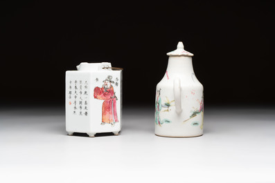 A Chinese famille rose 'Wu Shuang Pu' teapot and a famille rose covered wine pot, 19th C.