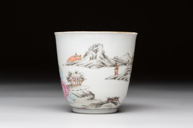 A Chinese famille rose 'erotic subject' cup and saucer, Yongzheng/Qianlong