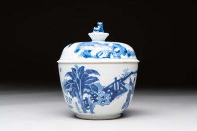 A Chinese blue and white 'figures in a landscape' bowl and cover, Kangxi mark and of the period