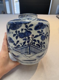 A fine Chinese blue and white jar with two cranes in a garden, Wanli