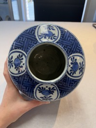 A fine Chinese blue and white jar with two cranes in a garden, Wanli
