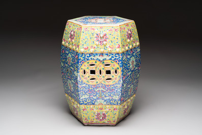 A Chinese famille rose blue and yellow-ground hexagonal garden seat, 19th C.