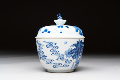 A Chinese blue and white 'figures in a landscape' bowl and cover, Kangxi mark and of the period