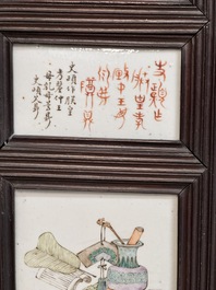 A rare Chinese eight-panel hongmu room divider with 48 qianjiang cai plaques, signed Jia Xingqing 贾醒卿, dated 1902