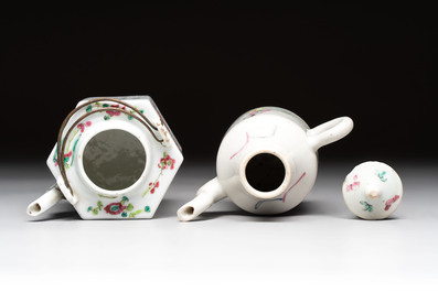 A Chinese famille rose 'Wu Shuang Pu' teapot and a famille rose covered wine pot, 19th C.