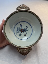 A rare Chinese silver-mounted doucai bowl and cover, Kangxi/Yongzheng
