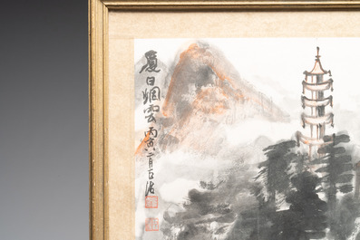 Huang Jusu 黃居素 (1897-1986): 'Mountainous landscape' and Chinese school: 'Pagoda', ink and colour on paper, dated 1969