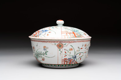A Chinese famille verte covered bowl, a Dutch-decorated bowl, a gilt-bronze mounted pot-pourri vase and an Imari-style covered jug, Kangxi/Qianlong