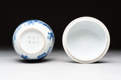 A Chinese blue and white 'figures in a landscape' bowl and cover, Kangxi mark and of the period