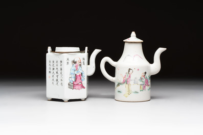 A Chinese famille rose 'Wu Shuang Pu' teapot and a famille rose covered wine pot, 19th C.