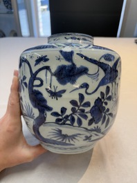 A fine Chinese blue and white jar with two cranes in a garden, Wanli