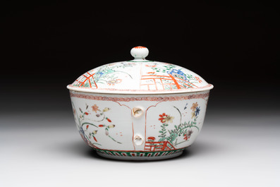 A Chinese famille verte covered bowl, a Dutch-decorated bowl, a gilt-bronze mounted pot-pourri vase and an Imari-style covered jug, Kangxi/Qianlong