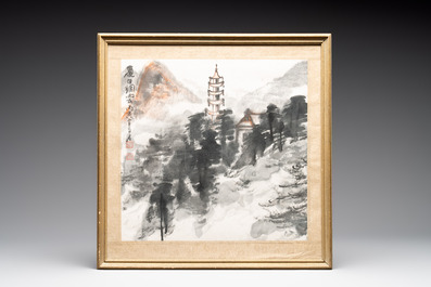 Huang Jusu 黃居素 (1897-1986): 'Mountainous landscape' and Chinese school: 'Pagoda', ink and colour on paper, dated 1969