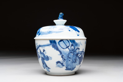 A Chinese blue and white 'figures in a landscape' bowl and cover, Kangxi mark and of the period