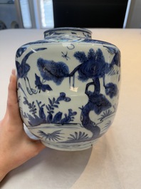 A fine Chinese blue and white jar with two cranes in a garden, Wanli