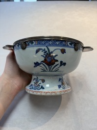 A rare Chinese silver-mounted doucai bowl and cover, Kangxi/Yongzheng