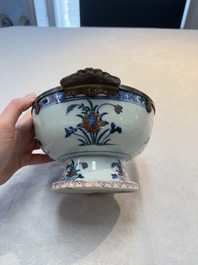 A rare Chinese silver-mounted doucai bowl and cover, Kangxi/Yongzheng