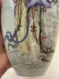 A pair of Chinese famille rose vases with two goddesses, Xi Ping Cao Lu 希平草廬 mark, Republic