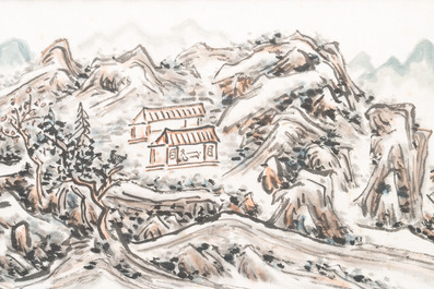 Huang Jusu 黃居素 (1897-1986): 'Mountainous landscape' and Chinese school: 'Pagoda', ink and colour on paper, dated 1969