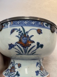 A rare Chinese silver-mounted doucai bowl and cover, Kangxi/Yongzheng