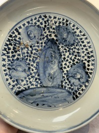 A Chinese blue and white 'floral' dish and a 'phoenix' plate, Ming