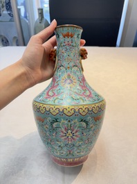 An imperial Chinese famille rose turquoise-ground 'chilong and flower scrolls' vase, Jiaqing mark and of the period