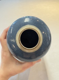A Chinese famille verte powder-blue-ground 'fish and bird' vase and cover, 19th C.