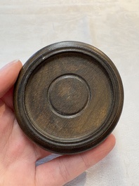 A Chinese doucai 'Zhou Dunyi 周敦颐' cup on wooden stand, Xianfeng mark and of the period