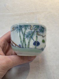 A Chinese doucai 'Zhou Dunyi 周敦颐' cup on wooden stand, Xianfeng mark and of the period