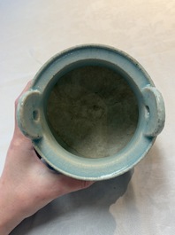 A Chinese qingbai tripod censer with floral relief design, Song/Yuan