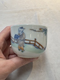 A Chinese doucai 'Zhou Dunyi 周敦颐' cup on wooden stand, Xianfeng mark and of the period