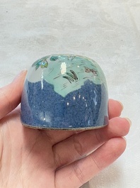 A Chinese famille verte powder-blue-ground 'fish and bird' vase and cover, 19th C.