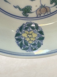 A Chinese doucai plate with stylised floral design, Chenghua mark, Kangxi/Yongzheng