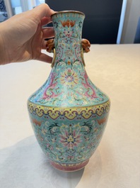 An imperial Chinese famille rose turquoise-ground 'chilong and flower scrolls' vase, Jiaqing mark and of the period