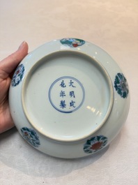 A Chinese doucai plate with stylised floral design, Chenghua mark, Kangxi/Yongzheng