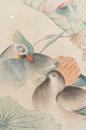 In the manner of Jiang Tingxi 蔣廷錫 (1669 - 1732): 'Mandarin ducks and lotus', ink and colour on silk, 19/20th C.