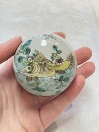 A Chinese famille verte powder-blue-ground 'fish and bird' vase and cover, 19th C.