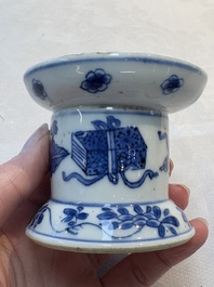 A pair of rare Chinese blue and white sanders with antiquities and floral design, Kangxi