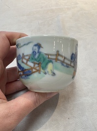 A Chinese doucai 'Zhou Dunyi 周敦颐' cup on wooden stand, Xianfeng mark and of the period