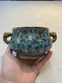 A Chinese gilt-bronze cloisonn&eacute; censer with floral design, double vajra mark, 19/20th C.