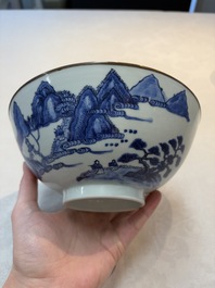 A Chinese blue and white 'Bleu de Hue' bowl with the Hai Van mountains for the Vietnamese market, Thanh Ngoan mark for Nguyen Phuc Chu, Kangxi