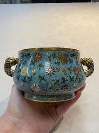 A Chinese gilt-bronze cloisonn&eacute; censer with floral design, double vajra mark, 19/20th C.